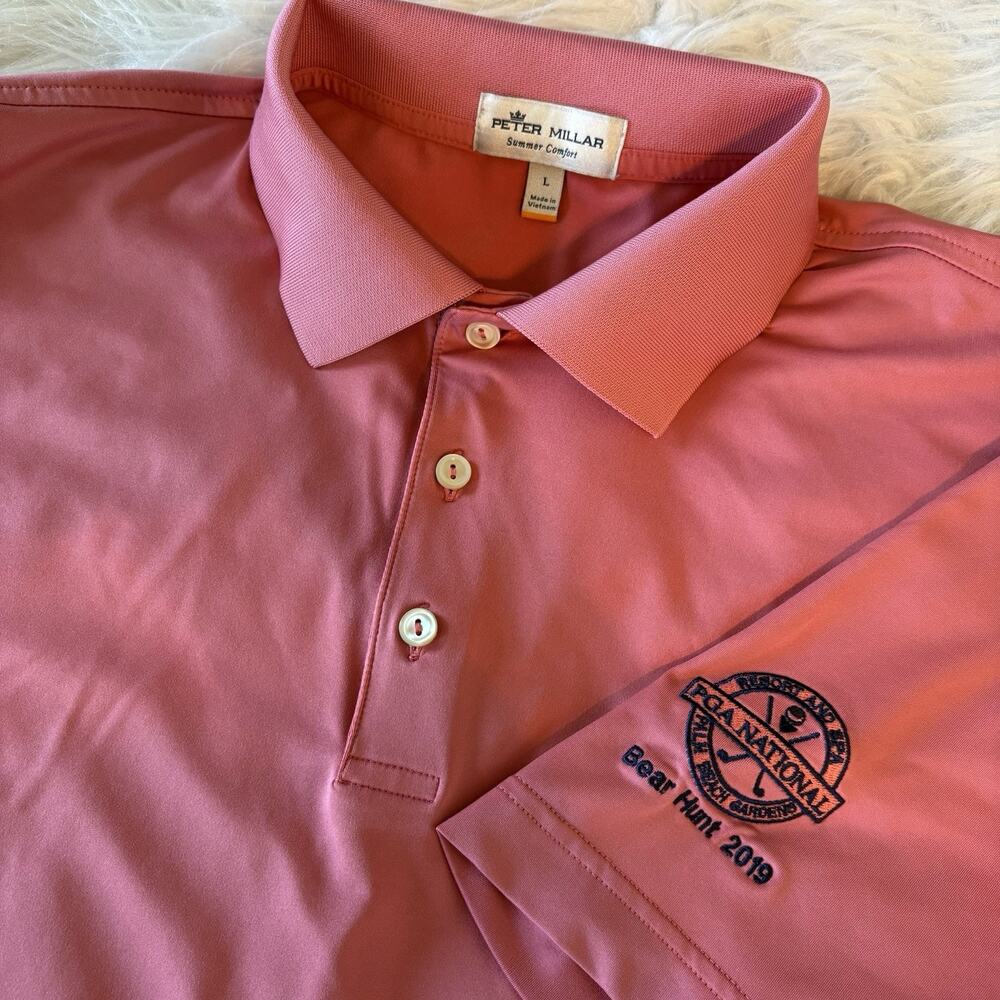 Peter Millar Summer Comfort‎ Polo Shirt Men L PGA National Bear Hunt Golf Pink